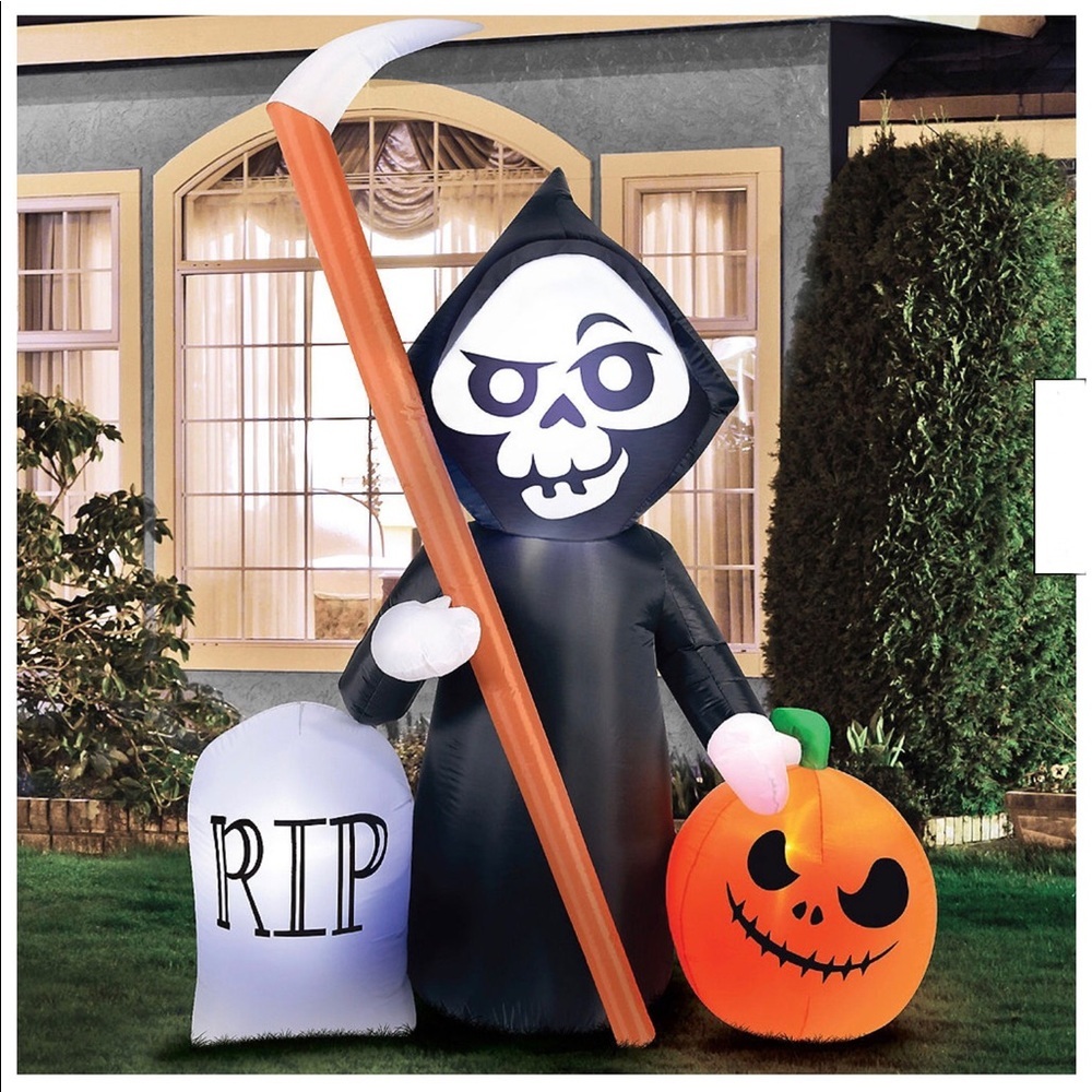 🆕 RARE Light-Up Inflatable Graveyard Reaper & Jack-o'-Lantern, NIB